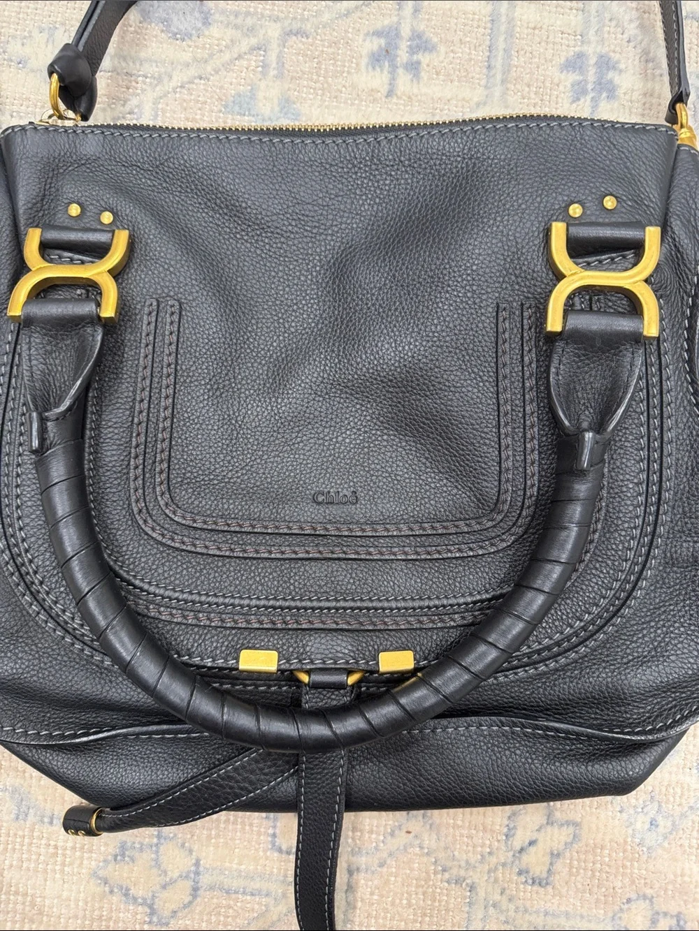 Chloe Black Pebbled Leather Shoulder Bag with Gold Hardware Accents